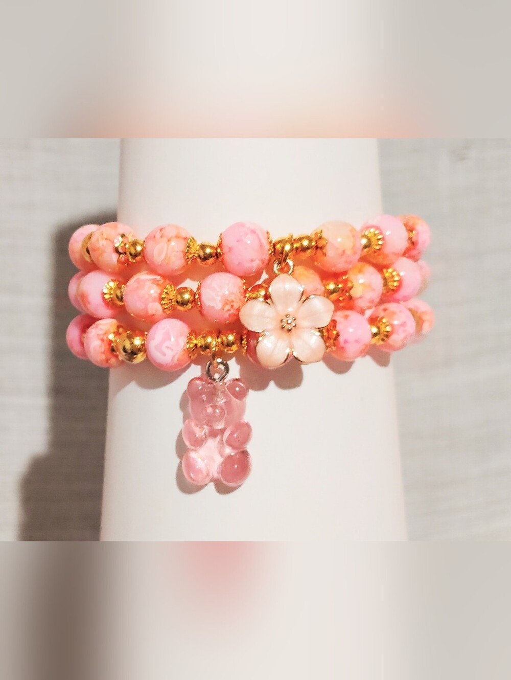 Handmade Bracelet One Of A Kind. Pink Flower Glass Bracelet. Size 7'' Lot Of 3